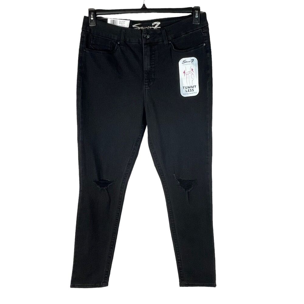 Seven7 SZ 16 Skinny Jeans High-Rise Tummyless Distressed Stretch Pockets Black